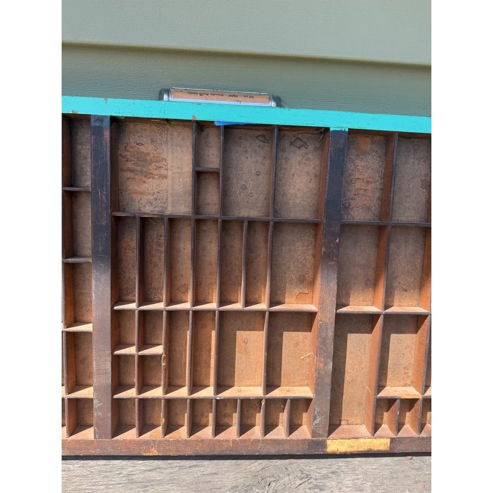 Vintage Wooden Printer Type Tray Shadow Box Teal Letterpress Drawer Display mini